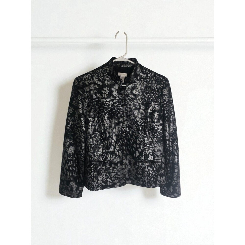 Chico's Jacket Womens Size S Silver Black Metallic Snake/ Allig Skin Snap Button